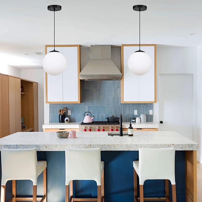 KoKo&Yukina 8-inch Globe Pendant Lighting for Kitchen Island Mid Century Modern Hanging Light Fixture with Milk Glass Globe Glass Black Industrial Hanging Ceiling Lights for Sink Bathroom Entryway