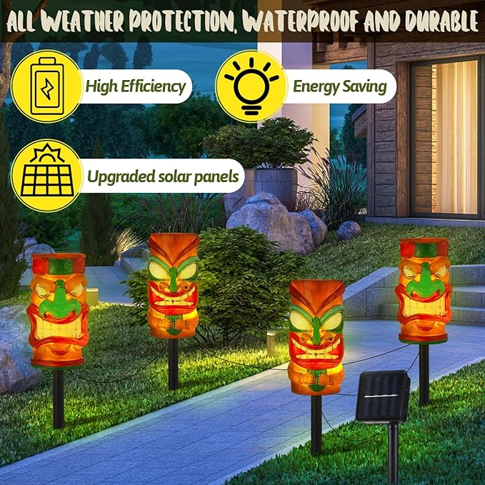4 Pcs Tiki Solar Light Decor Waterproof Tiki Statues for Outdoor Hawaiian Party Solar Light for Luau Birthday Party Tropical Bar Christmas Garden Yard Decor(Cute)