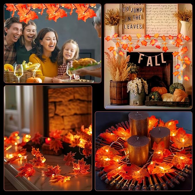 2 Packs Fall Decor Maple Leaves String Light,Waterproof Total 20Ft 40 LED, Battery Operated String Light for Home Mantel Porch Door Indoor Outdoor Halloween Thanksgiving Decor
