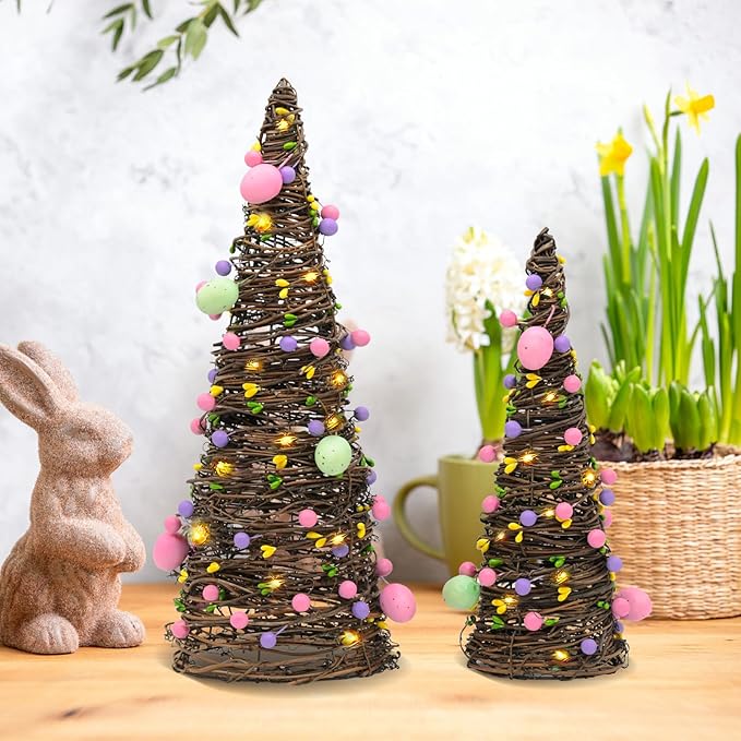 CRCZK 2PACK Easter Rattan Table Tree Decor Lighted Easter Decorations Table Centerpieces Decor Artificial Tree with Led Lights,Eggs&Berries Spring Decorations for Home