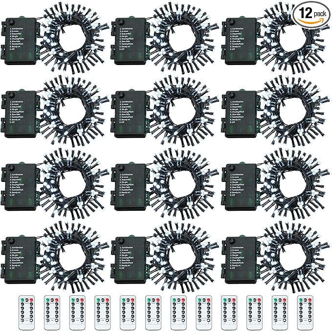 Tuanse 12 Pack Battery Operated Outdoor Christmas Tree String Lights,16.4 ft Mini Light Outdoor Christmas Lights with 50 Led of Dark Green Cable Lighting for Bedroom Garden Yard (White Light)