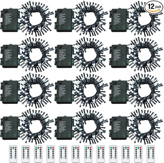 Tuanse 12 Pack Battery Operated Outdoor Christmas Tree String Lights,16.4 ft Mini Light Outdoor Christmas Lights with 50 Led of Dark Green Cable Lighting for Bedroom Garden Yard (White Light)