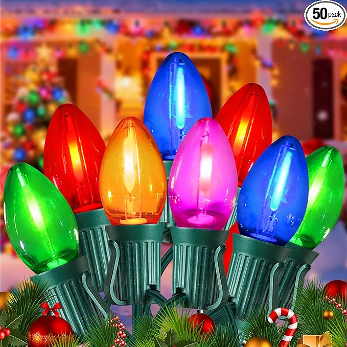 50 Feet Multi-colored C7 LED Christmas Lights Outdoor Colored Christmas Lights Waterproof with 50 + 5 Pack Energy Efficient C7 LED Bulbs (0.6W = 7W) for Colorful Xmas House Stairs Porch Tree Decor