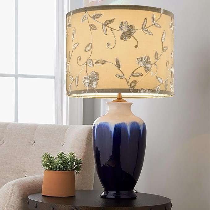 Creme Fabric Drum Lamp Shade with Embroidered Leaf Trim 13" Top x 13" Bottom x 10" High (Spider) Set of 2 Medium Lamp Shade for Table & Bedside Lamp Replacement Lampshades in Hand Crafted