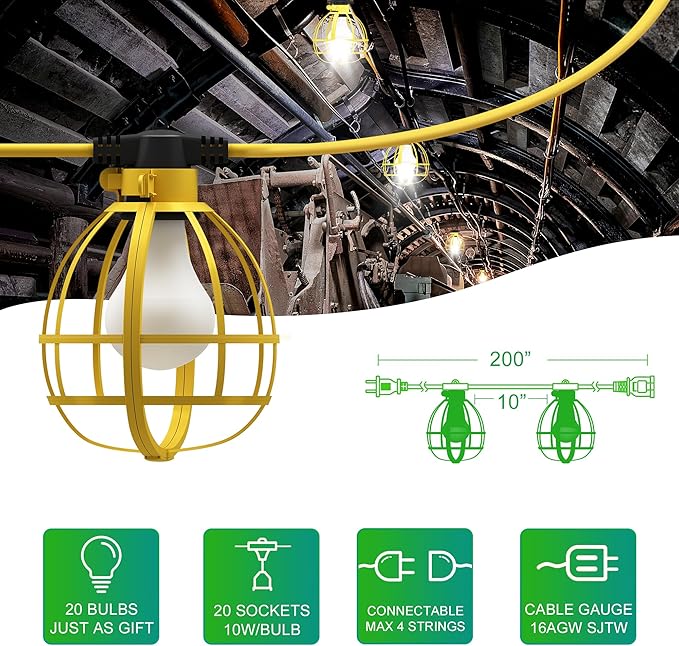 LEDIARY 200FT Construction String Lights, 20 Bulbs 200W 21000LM Work Lights with 20 Medium Base Sockets, Linkable Temporary Construction Lighting for Job Site Workshop Basement