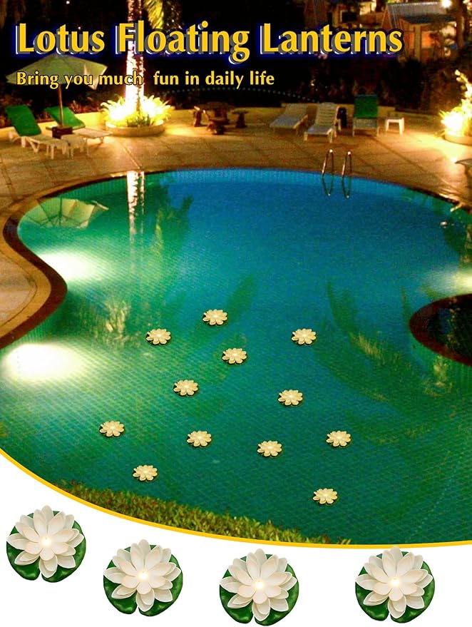 Hortsun 12 Pcs Floating Lotus Lights with Batteries Lily Pads Pool Flowers Floating Candles Decor Artificial Pond Plants Decorations for Pool Pond Outdoor Indoor (White,3.94 Inch)