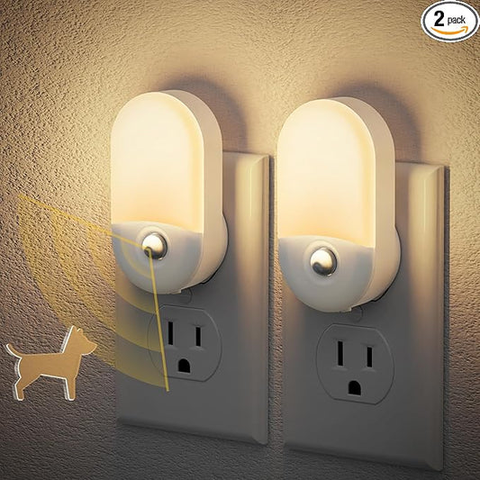 JandCase Motion Sensor Night Light, 2 Pack Motion Activated Night-Lights, 3000K Warm White LED Night Lights Plug into Wall, 30/60LM Adjustable Brightness, for Kids Adults Bathroom Bedroom