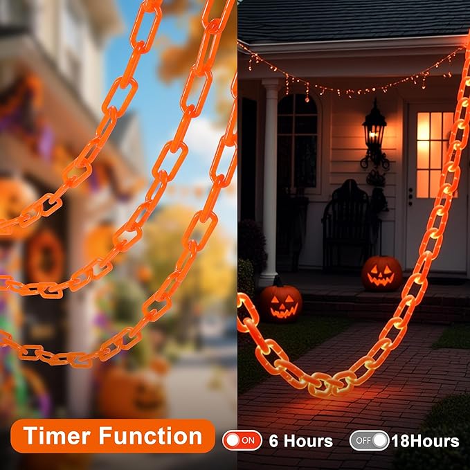 woohaha Halloween Decorations Plastic Chain Lights，10.5FT 175LED Orange Battery/USB Props Chains String Lights,8 Modes and Timer for Outdoor Halloween Party Creepy Cosplay Spooky Ornaments