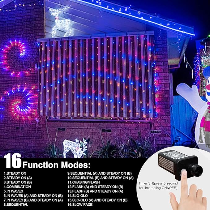 LAMPHOME Red White and Blue Patriotic String Lights, 66ft 200LED 4th of July Lights Plug in, 16 Modes LED Lights Outdoor String Lights for Independence Day Memorial Day Patriotic Holidays Decor
