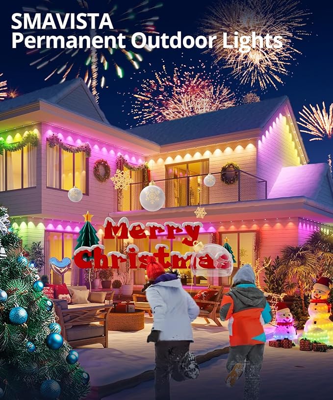 Smart Permanent Outdoor Lights, 200ft with 144 LED RGB String Lights, IP67 Waterproof Eaves Light with 44 Scene Modes for Halloween Christmas Birthday Holiday Party, APP/Voice/Remote Control