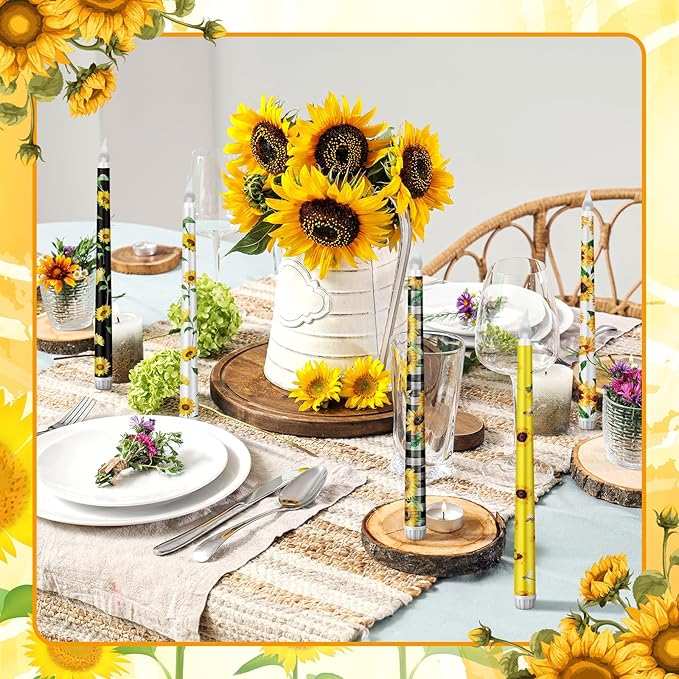 5 Pcs Sunflower Flameless Taper Candle Set Sunflower Gift for Women Floral LED Flameless Candles with Battery Operated Remote Seasonal Celebration Candles for Home Decor Holiday Spring Summer