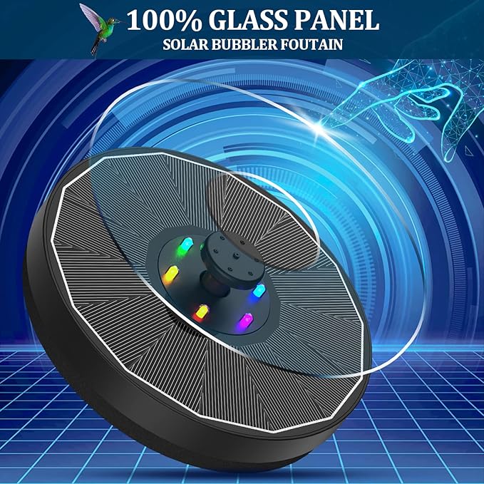 Solar Fountain New, 3.5W Solar Bird Bath Fountains with Glass Panel, 2200 Battery, Hummingbird Water Features with Color LED Lights, 8 Spray Modes & 4 Fixed Pipes for Garden, Pool, Pond
