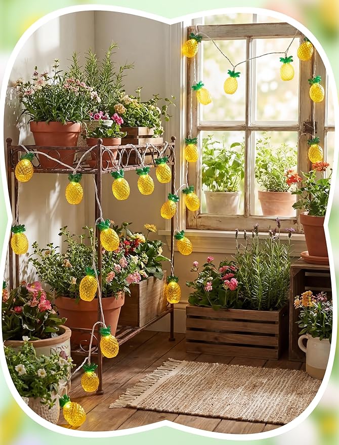 8.5Ft Pineapple String Lights, Hawaiian Beach Themed Party Lights with 10LED Warm White Waterproof Pineapple Fairy Lights, Tropical Decoration for Indoor Outdoor Party Bedroom Wedding Birthday Pool