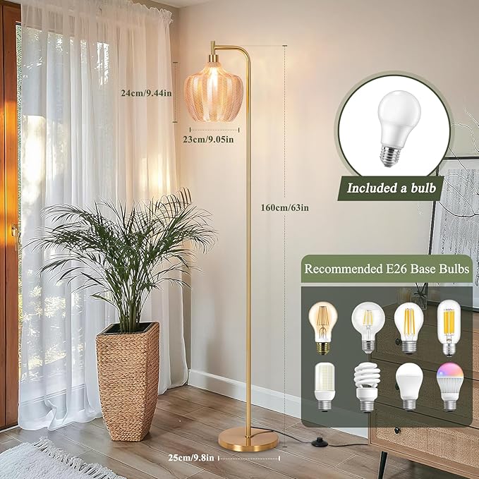 Gold Floor Lamp for Living Room, Modern Stained Glass Standing Lamp with Remote, Dimmable Amber Lampshade Tall Floor Lamps, Mid Century Vintage Floor Light for Bedroom Study Room Office (Amber)