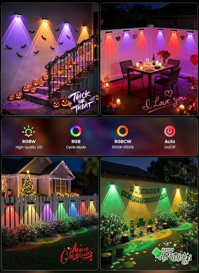 Brightown 12 Pack Solar Lights Outdoor Waterproof, Color Changing Solar Fence Deck Step Flood Lights, Warm White & RGBCW 11 Color, IP65 Waterproof Garden Lights for Outside Backyard Yard Step Patio