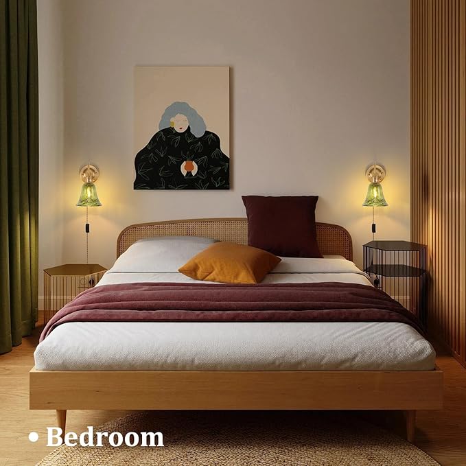 Plug in Wall Sconce Set of 2, Gold Vintage Wall Decor Lights with Green Morning Glory Glass Shade, Indoor Brass Corded Wall Lamp Fixture for Bedroom Living Room Bathroom Hallway