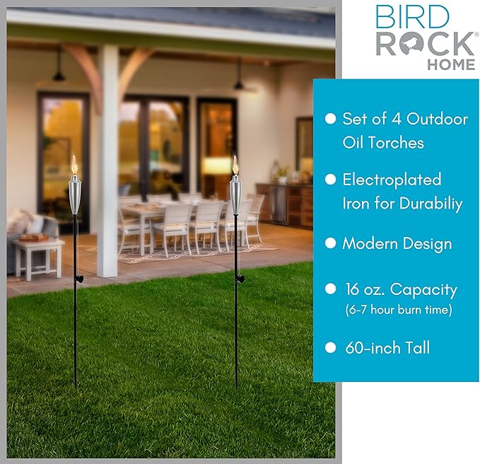 BIRDROCK HOME 60" Outdoor Torches - Durable Construction, Modern Design, Weather Resistant, Citronella Oil Compatible, Ideal for Backyards, Patios, Pathways - Garden Silver, 4 Pack