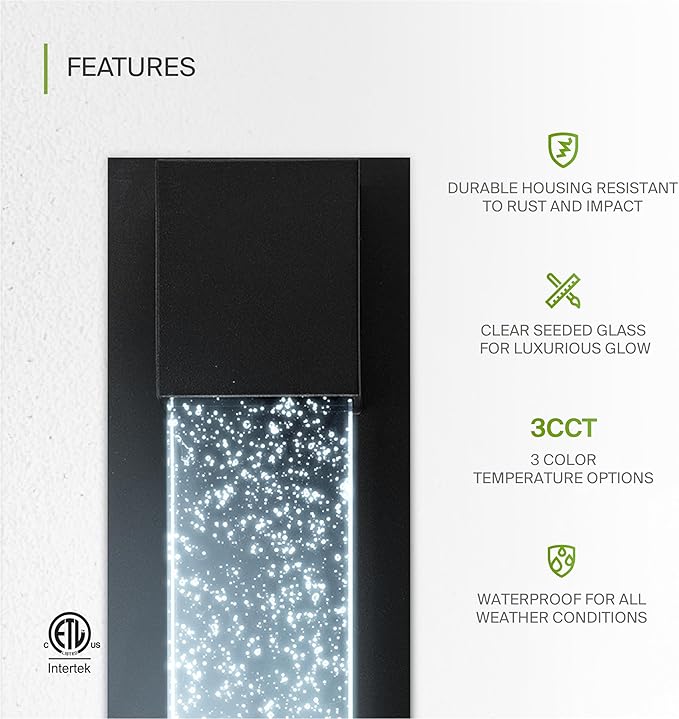 ASD LED 13 Inch Bubble Glass Wall Light Fixture | 12W 500LM 3000K-5000K 120V | 3CCT, Waterproof, Dimmable, ETL Listed | Exterior Flush Mount Sconce, Outdoor-Indoor Lighting | Black, 2 Pack