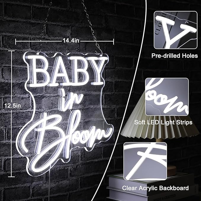 Baby in Bloom Neon Sign for Baby Shower Decorations,14.4''X12.5'' White Dimmable LED Neon Lights Sign,USB Powered Light Sign for Girl Boy Babys Room Wall Decor Birthday Party Backdrop