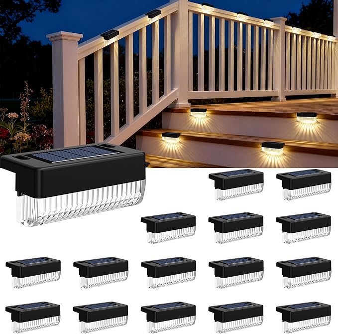 Solar Deck Lights Outdoor 16 Packs, Solar Powered LED Step Lights Waterproof Outdoor for Deck, Step, Fence, Wall, Patio, Yard, Pool, Pathway and Stairs (Warm White)