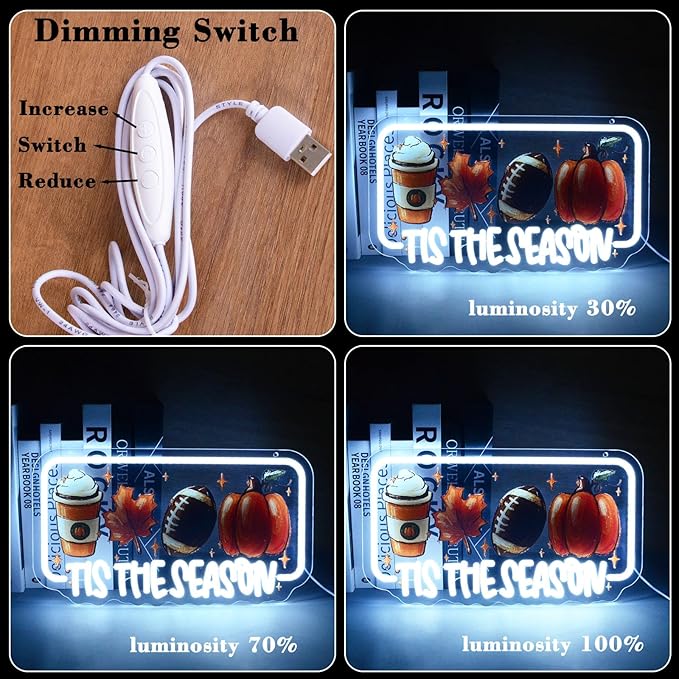 Tis The Season Neon Lights Latte Coffee Maple Leaf Football & Pumpkin LED Sign Inspirational LED Wall Art for Christmas Halloween Thanksgiving Sports Fan Cave Fall Decor Home Bar or Cafe