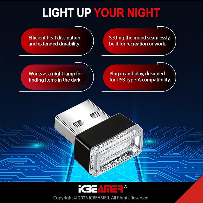 ICBEAMER 2-Pack USB Type-A LED Night Light, Color: White | Plug-in Universal Fit Automotive Accessories for Car Interior and Trunk Ambient Atmosphere Lighting