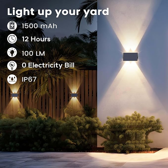 Fence Lights Solar Powered, 12-Pack Solar Fence Lights Up/Down Flexible Buttons, IP67 Waterproof for Outdoor, 100LM Bright, Auto Dusk to Dawn for Wall/Stairs/Yard/Railing/Deck/Pathway (Warm White)