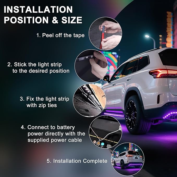 Underglow LED Lights for Cars - 4PCS RGB Neon Light Kit with 252 LEDs, Bluetooth APP Control, 8 Colors/Music Sync, Waterproof PVC Strips for Cars, Trucks, SUVs
