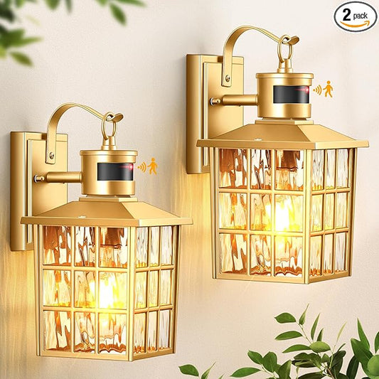 VIANIS 2 Pack Gold Motion Sensor Porch Lights Outdoor, Modern Exterior Lighting Fixtures Wall Mount for House, 100% Aluminum Waterproof Outdoor Sconce Lights, Anti-Rust Exterior Garage Light Fixtures