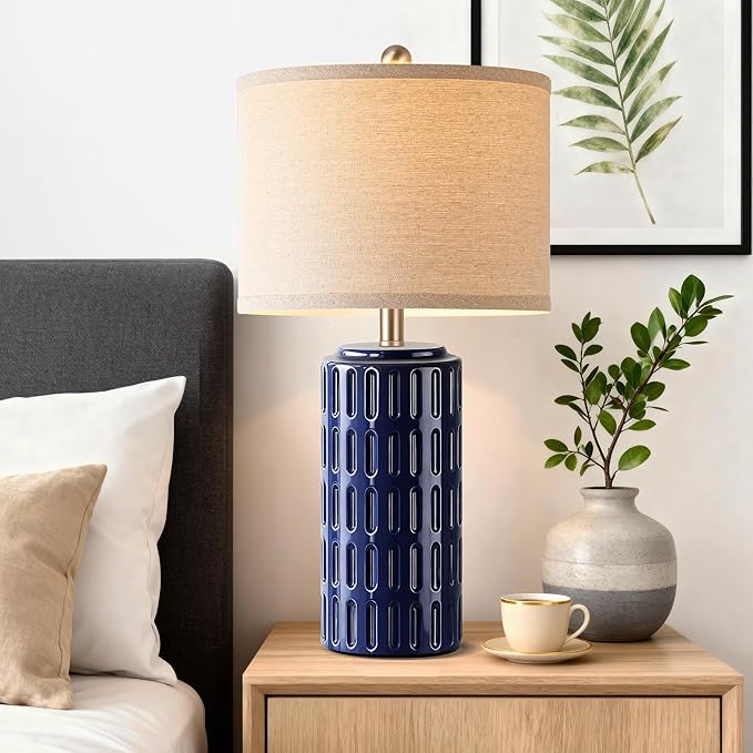 PARTPHONER 23" Farmhouse Modern Ceramic Table Lamp Set of 2 - Navy Blue Bedside Lamps for Bedroom & Living Room, Nightstand, Desk, End Table