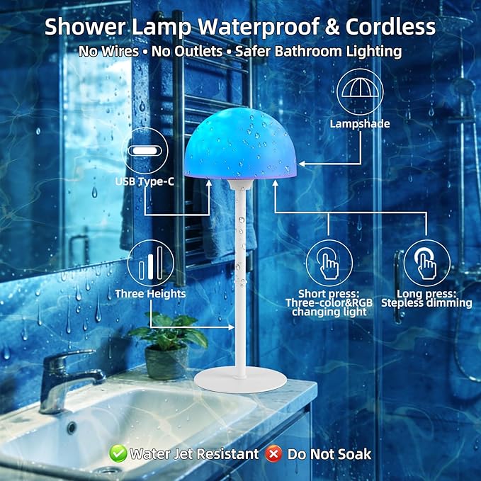 2 Pack Waterproof Shower Lamp, Spa-Like Cordless Shower Light, 18-Colour LED Ocean Wave Projector Lights, Rechargeable Shower Light with Remote and Touch Control for Bathroom, Bathtub