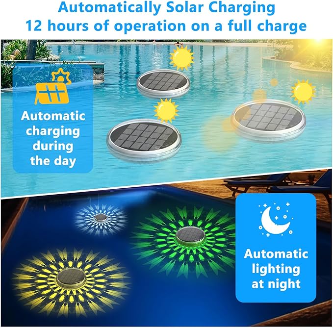Solar Rechargeable Floating Pool Lights(4 Pack), Pool Lights That Float with Remote Control, 9 Lighting, Timing Mode, IPX7 Waterproof for Inground Pool, Bathroom, Bathtub, Pool Party
