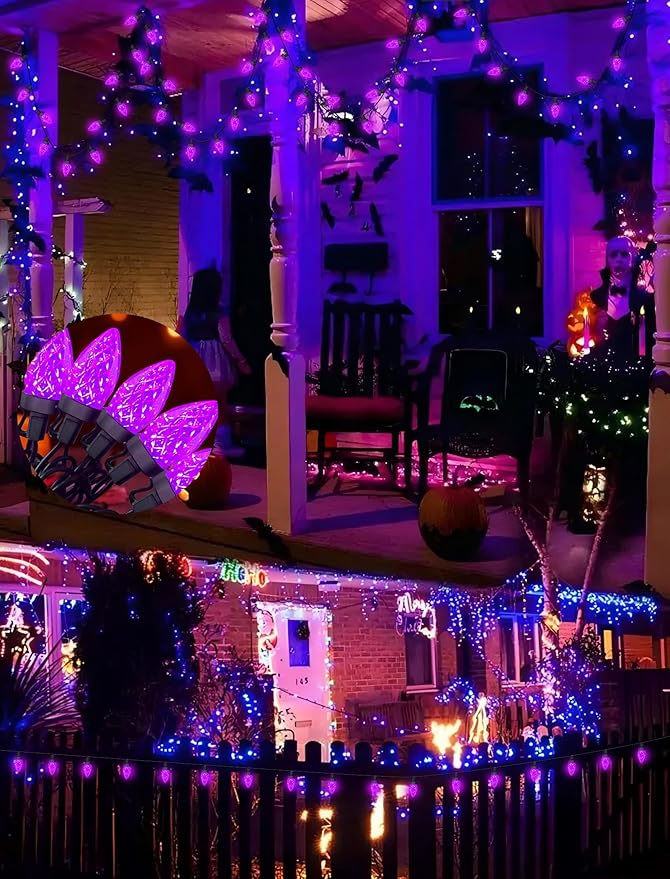 C7 Halloween Purple String Lights Plug in, 26Ft Outdoor Halloween Decorations Lights with 50 LED C7 Strawberry Purple Bulbs Waterproof UL Listed for Roofline Backary Porch Window Holiday Party Decor