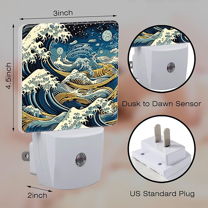 Blue Ocean Waves Night Light for Kids, Rough Sea Waves Night Light Plug in with Dusk to Dawn Sensor, 0.5w Energy Saving Sleep Friendly Nightlight for Hallway Stairway Kitchen Bedroom