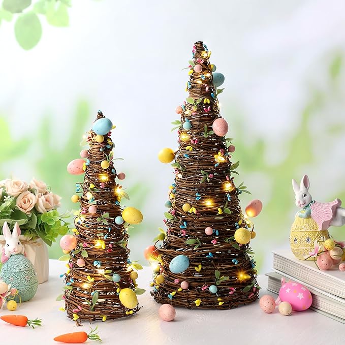 Soulchen 2 Pcs Easter Rattan Cone Tree Decoration Artificial Table Tree with Pastel Berries LED Lights for Easter Porch Kitchen Mantle Table Decor Spring Centerpiece Decorations