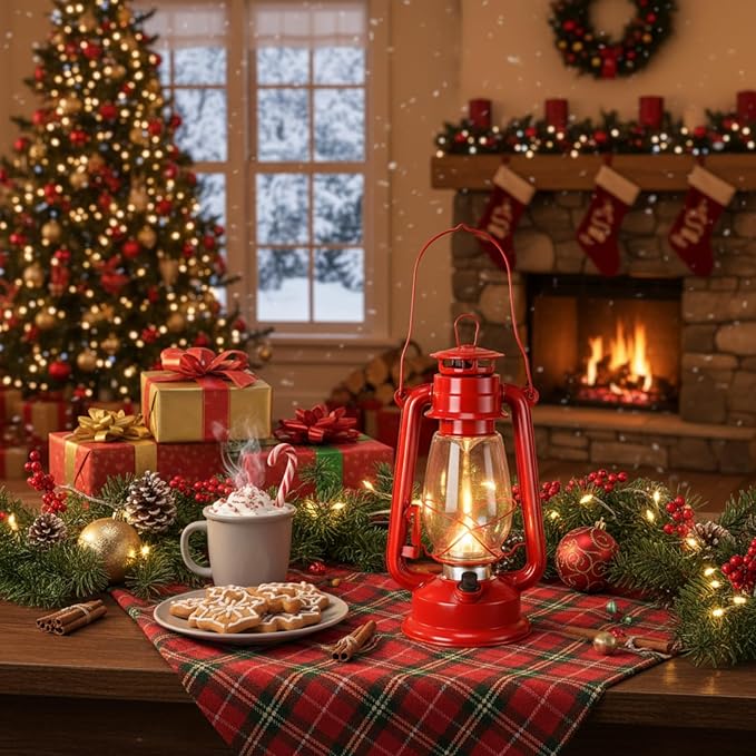 Hortsun 6 Pcs 12 Inch Vintage LED Hurricane Lantern Metal Red Outdoor Battery Operated Hanging Lantern with Warm LEDs and Dimmer Switch for Indoor Rustic Farmhouse Country Camping Decor