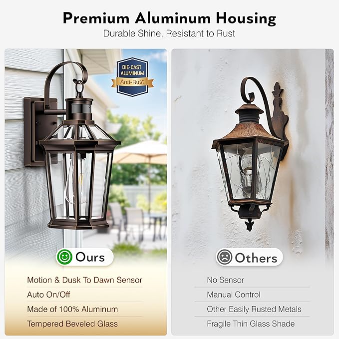 VIANIS Motion Sensor Porch Lights Outdoor Wall Sconce, Aluminum Dusk to Dawn Outdoor Lighting, Waterproof Oil Rubbed Bronze Gold Trim Exterior Lighting Fixtures, Outside Wall Lights for House, Garage