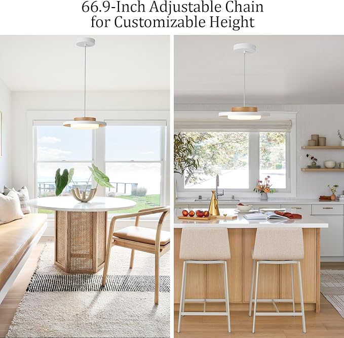 Mid Century Modern Pendant Lighting,15.7 inch,Natural Wood Cap, 3000K/Warm White/22W,Dimmable LED Pendant Light Fixtures, for Kitchen, Dining Room, Living Room