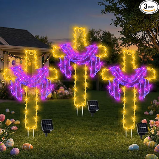 Retisee 3 Pack Easter Cross Solar Garden Lights Outdoor-12 Inch LED Lighted Cross Yard Stakes, Waterproof Solar Lamps,Religious Pathway Lawn Decorations for Easter Church Memorial Garden