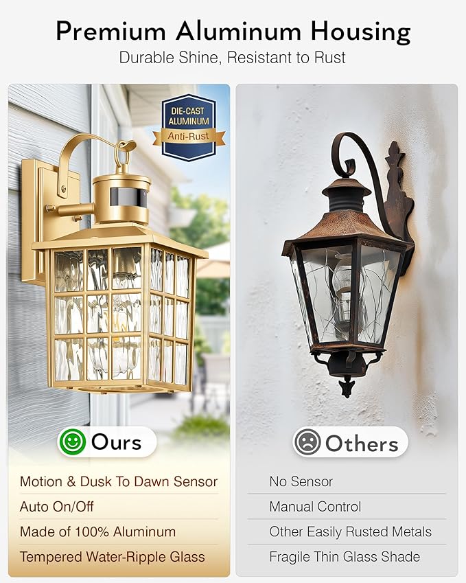 VIANIS 2 Pack Gold Motion Sensor Porch Lights Outdoor, Modern Exterior Lighting Fixtures Wall Mount for House, 100% Aluminum Waterproof Outdoor Sconce Lights, Anti-Rust Exterior Garage Light Fixtures