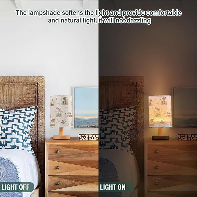 Bedside Table Lamp Woodland Animals Nightstand Lamp with Wood Forest Fox Deer Rabbit Bird Bear Mushroom Desk Lamps for Bedroom Living Room Nursery Office Home Decor