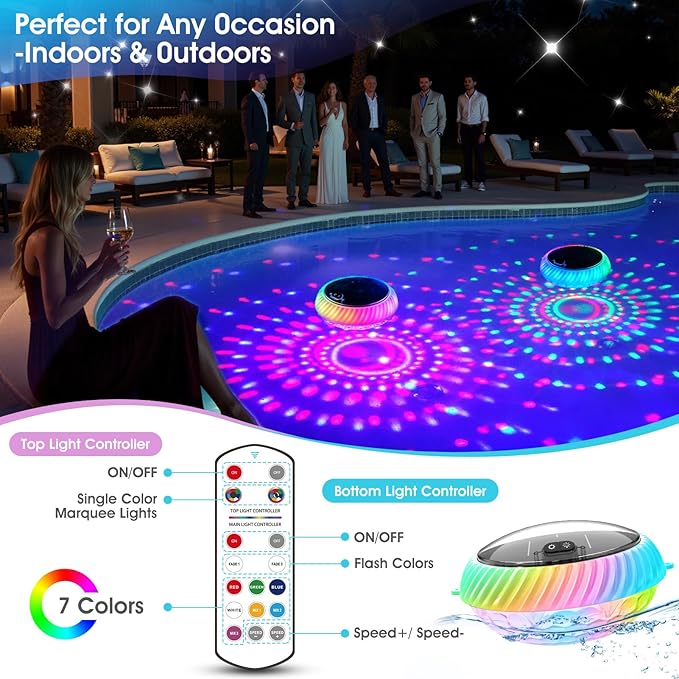 Floating Pool Lights Solar Charged, 7.6 Inch RGB Upper & Lower Color Changing Solar Pool Lights that Float with Dynamic Lighting Effects, IP68 Waterproof Floating Light for Pool Party Decor(1)
