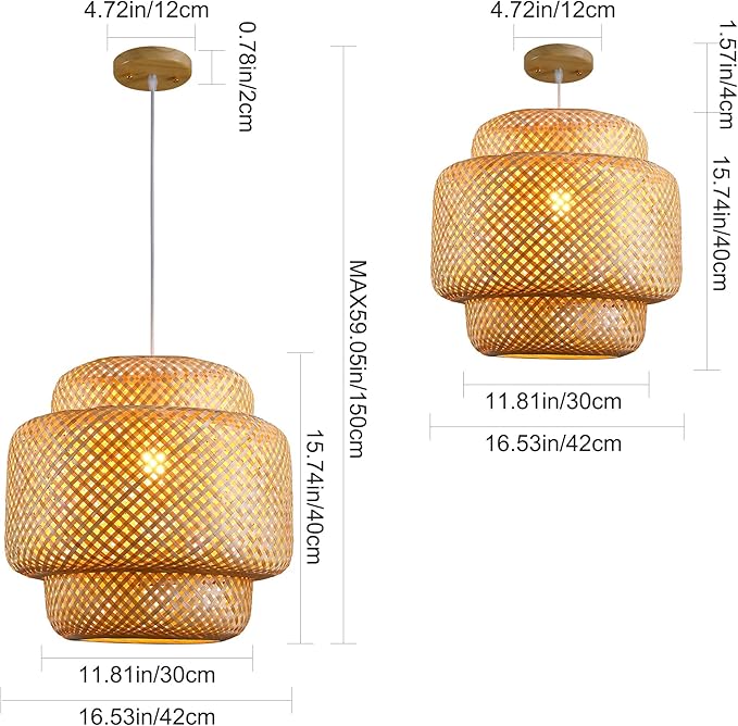 Bamboo Pendant Light - Boho Basket Chandelier Handmade Woven Pendant Light, Natural Wicker Rattan Hanging Chandelier for Kitchen Island Dining Room Living Room Porch