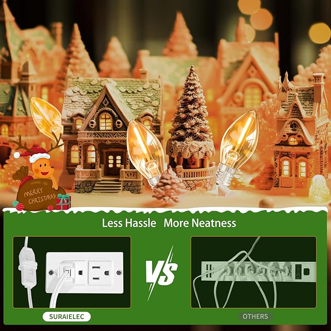 SURAIELEC Accessory Cord With 4 LED Bulbs, 10.5ft Christmas Village Lights, On/Off Switch, Connectable House Light Replacement, C7 Cord for Halloween Decorations, UL Listed