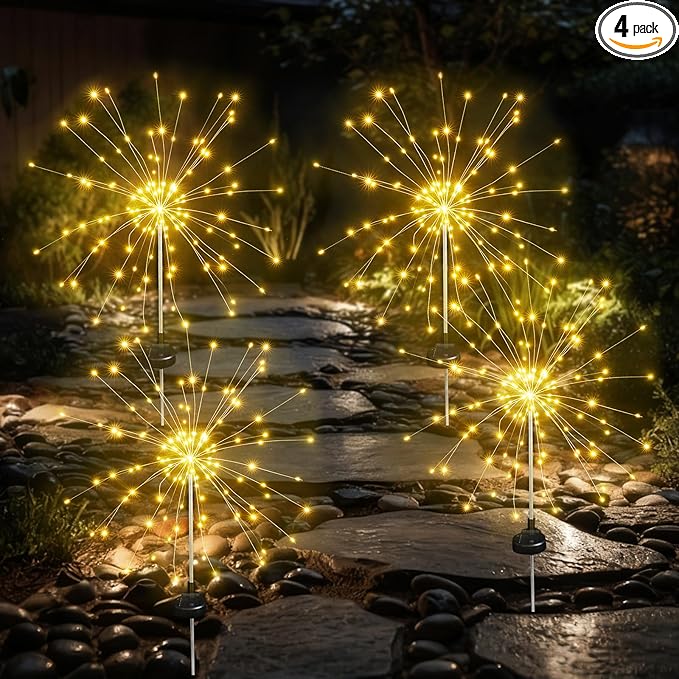 Solar Garden Firework Lights Outdoor Waterproof, 4 Pack Solar Lighting with 8 Lighting Modes, 120 LED Sparklers String Lights for Outside Decor Yard Pathway Decorations(Warm)
