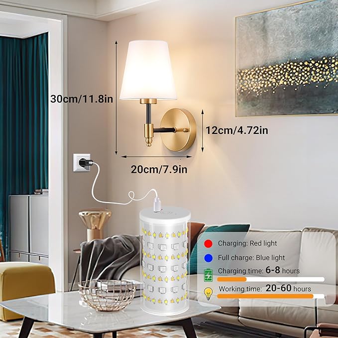 Battery Operated Wall Sconces Set of 2, Wireless Wall Light with 10000mAh RGB Dimmable Magnetic Bulb, Rechargeable Wall Sconce with Remote Control for Bedroom Living Room