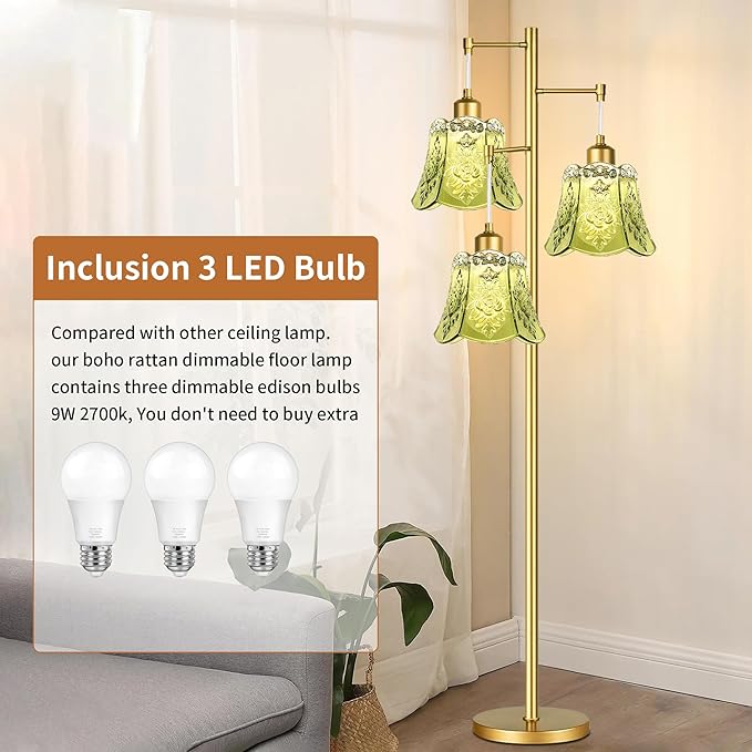 Gold Floor Lamp for Living Room,Bedroom,Tree 3 Light Standing Lamp Mid Century Modern Brass Tall Floor Lamps Vintage Retro Floor Lights Glass Green Flower Lamp Shade Farmhouse Boho Bohemian