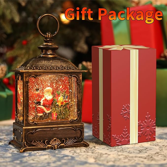 Christmas Snow Globe Lantern Santa Claus Decorations, Music Glitter Lanterns with 6h Timer, 3 AA Battery Operated & USB Powered, Santa Claus Snow Globe Lantern for Christmas Home Decoration and Gift