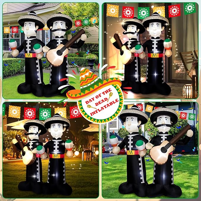 6FT Cinco de Mayo Inflatable Mariachi with LED Lights - Outdoor/Indoor Blow Up Decor for Mexican Fiesta, Halloween, Holiday Parties - Giant Festive Decoration