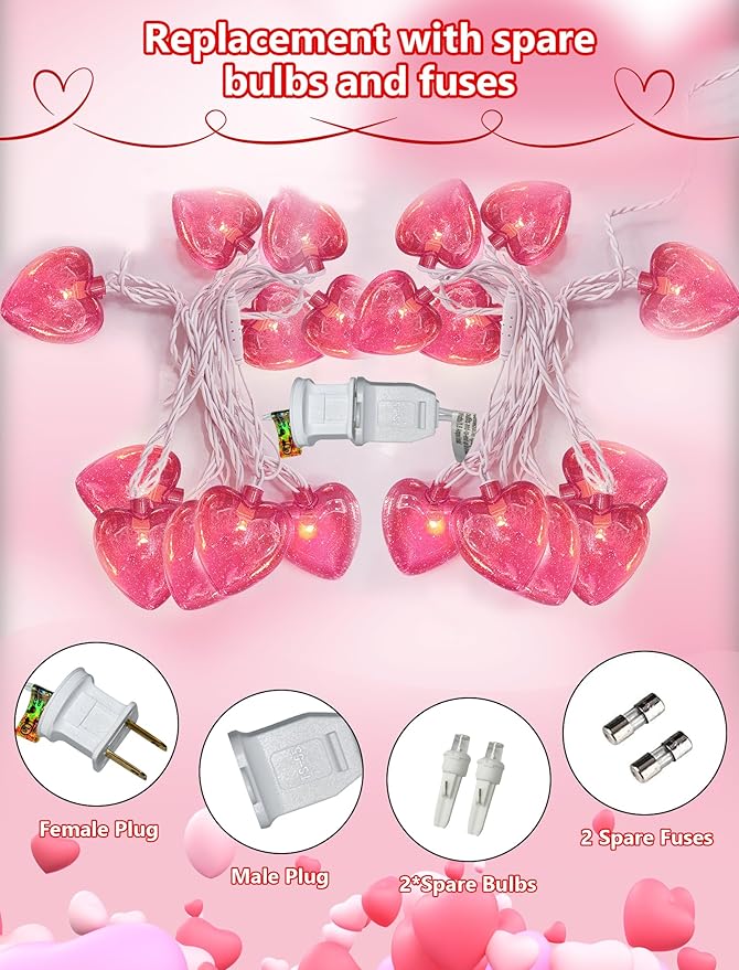 Valentine’s Day Heart String Lights Plug in, 8.5FT Pink LED Heart Lights for Indoor Outdoor Decor, Connectable Valentine Pink Fairy String with Soft Romantic Glow